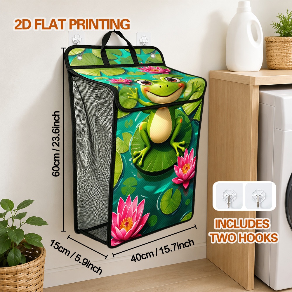 TEMU 2d Flat, 1pc On Lily Pads Print, Hanging Collapsible Covered Laundry Basket, Storage Box With Top Handle & Lid, Laundry Hamper For Balcony,