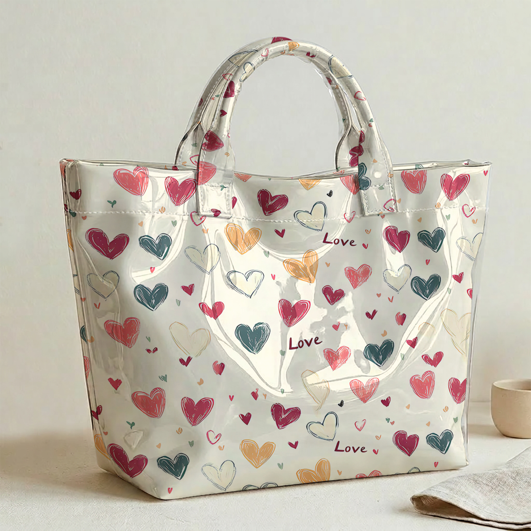 TEMU 1pc, Women's Tote Bag, Base With Crayon-painted Style Colorful Minimalist Hearts And Handwritten "love" Letter Graffiti Pattern 2d Print, Glossy