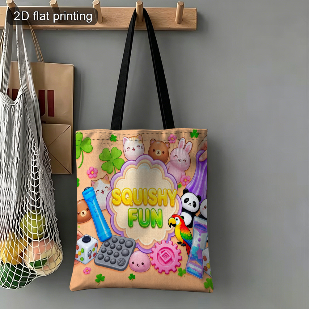 TEMU 1pc Double-sided Printed Tote Bag, Featuring " Fun" And Cute Animal , Durable Rectangular Tote Bag, Foldable And Reusable 2d Flat, Perfect For