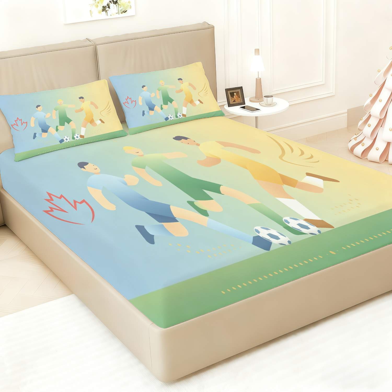 3pcs football sports character maple leaf slogan fitted sheet bedding 1 fitted sheet 2 pillowcases pillow inserts not included high quality printing suitable for double full and queen size beds soft and comfortable bedding