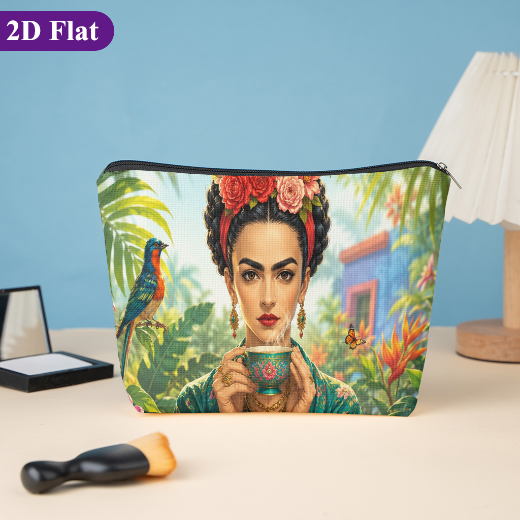 TEMU Cosmetic Bag 1pc, Woman With Floral Headpiece Drinking Tea, Featuring Fun Designs, This Double-sided Printed Women's Cosmetic Bag Is Perfect For