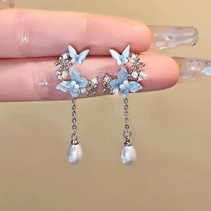 TEMU 2pcs Sweet Fresh Long Blue Tassel Earrings For Women, Great Gift For , Fashionable Earrings
