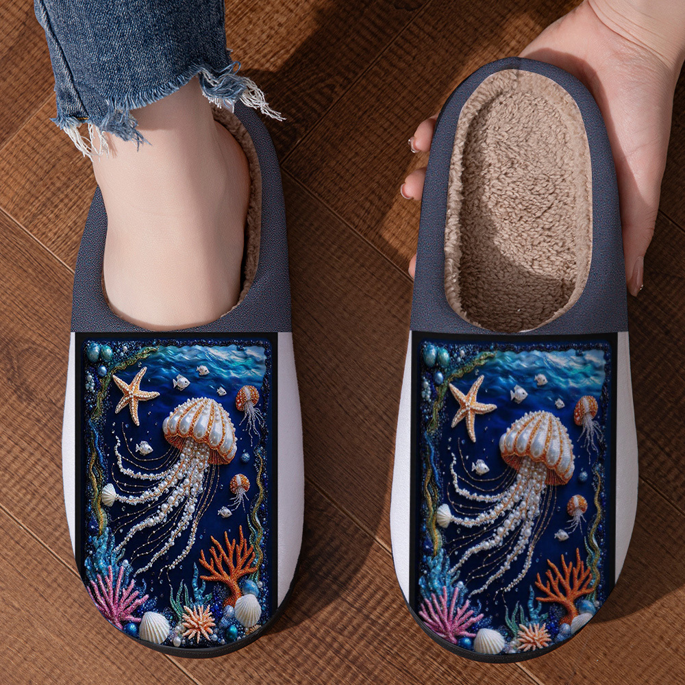 Deep   Exquisite Printed Unisex Home Slippers, Featuring Patterns of Jellyfish,  , Coral,  . Comfortable House Slippers for Spring and Autumn, Breathable Indoor Shoes with Soft Fabric,   Slippers for Gifting to Relatives