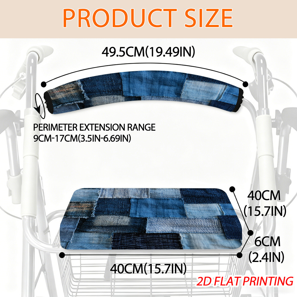 TEMU Blue Denim Rollator Walker Seat Cover And Backrest Pad Set - Removable Washable Universal Accessories - Comfortable Cushion Gift For Seniors