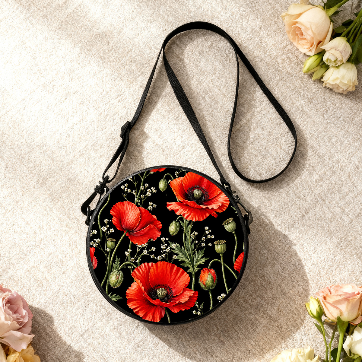 TEMU Poppy Pattern Round Crossbody Bag Circular Phone Bag For Women And Men, Trendy Elegant Shoulder Bag Messenger Bag Crossbody Bag Phone Pouch With