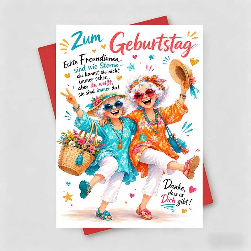 Image of 1 Greeting Card + 1 Envelope Birthday Greeting Card, 2 Dancing With Flowers, Are Like Stars, For , Birthday, Artistic, Vibrant, Folded Greeting Card.
