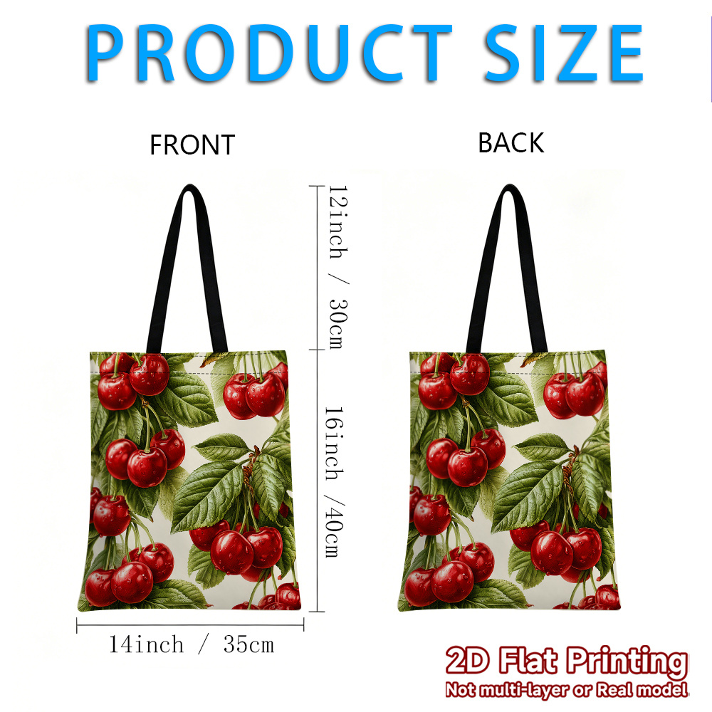 TEMU 1pc Stylish Handbag, Reusable, Multi-functional, Large-capacity Shoulder Bag, Red Cherries With Green Leaves Pattern, Made From Durable
