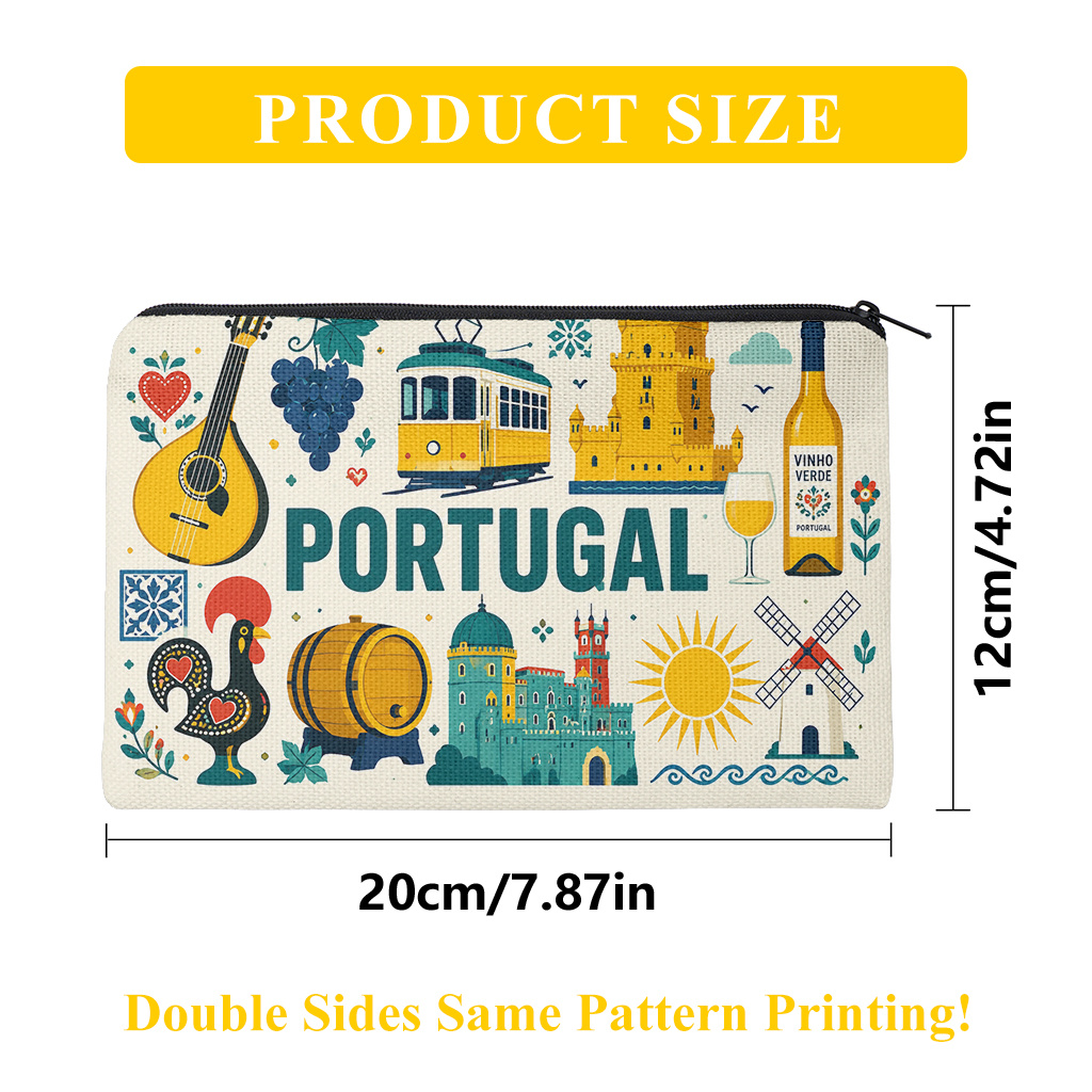 TEMU Pencil Case 1pc, Portugal Elements Pencil Case Stationery Storage Bag, Zipper Closure, Portable Cosmetic Bag, Toiletry Pouch, Gift Bag. Gift For