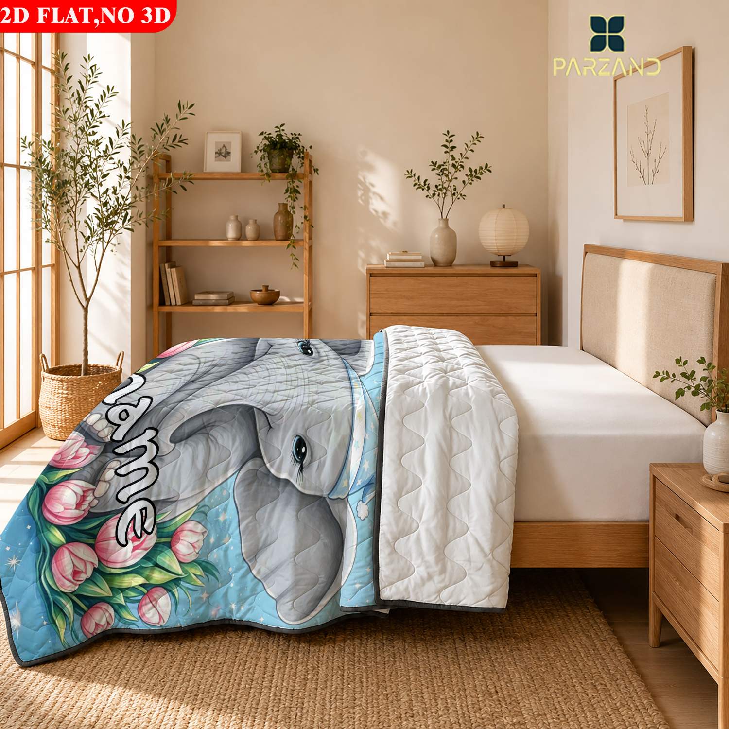 Custom Name Elephant with Tulips Skin-Friendly Summer Lightweight Quilt