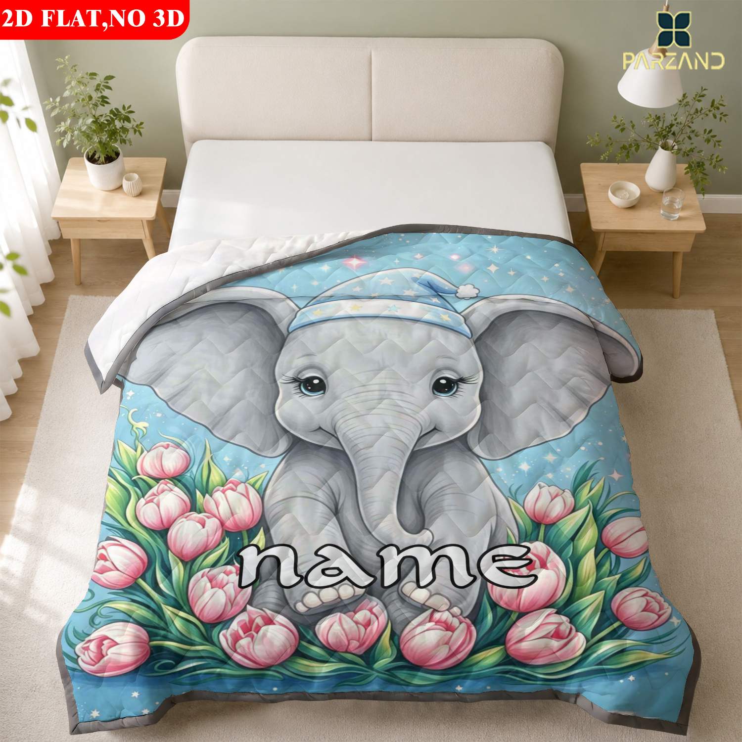 Custom Name Elephant with Tulips Skin-Friendly Summer Lightweight Quilt