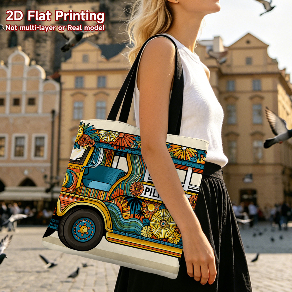 TEMU 1pc, 2d Flat, Color Filipino Bus Flower Theme Reusable Grocery Bags, Daily Use, 2d Flat, Large Capacity, Reusable, Filipino Cultural Gifts, 2d