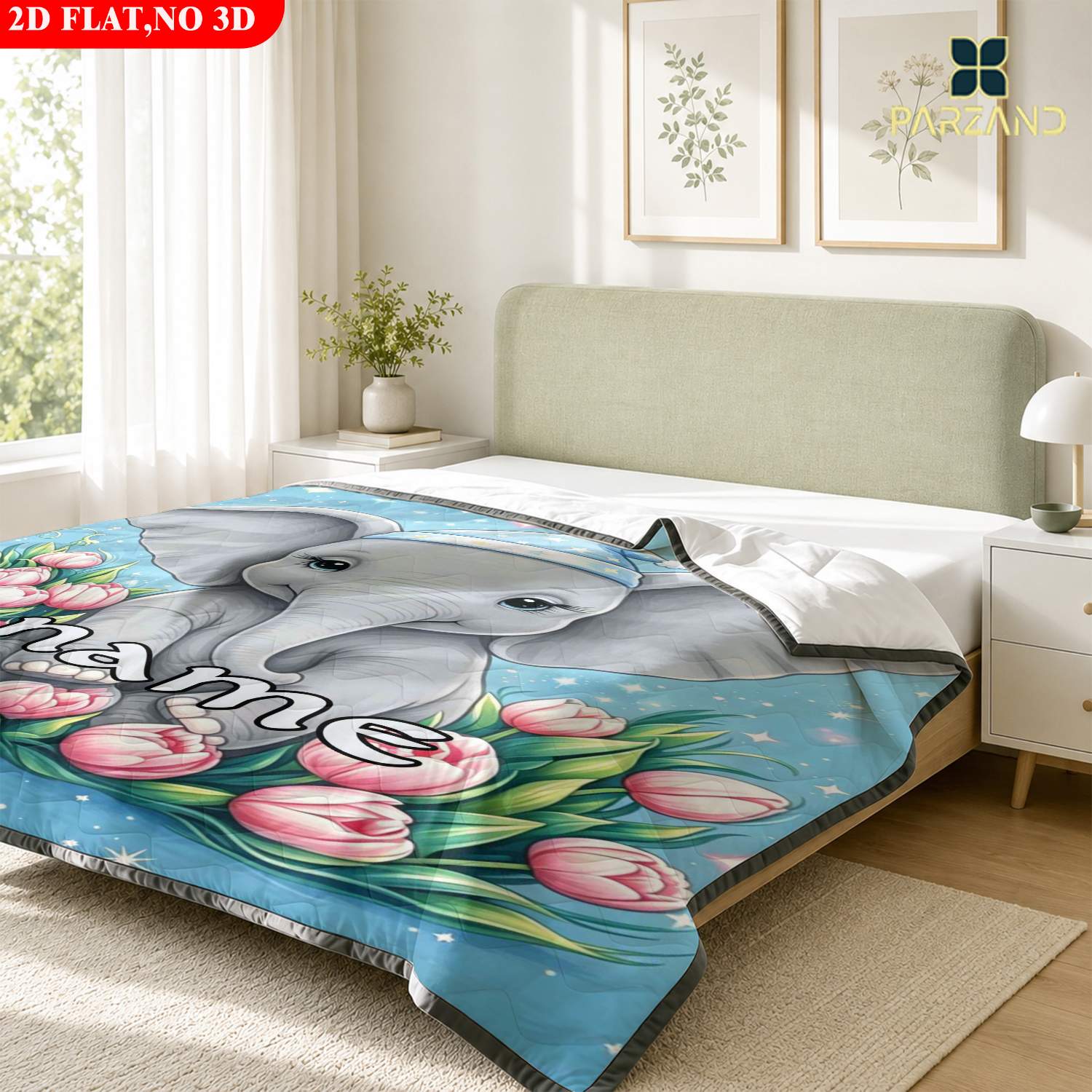 Custom Name Elephant with Tulips Skin-Friendly Summer Lightweight Quilt
