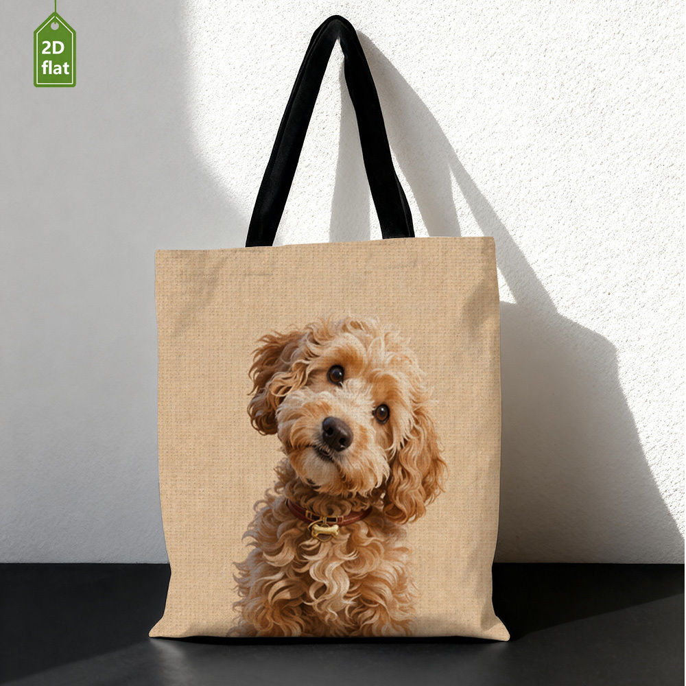 TEMU 1pc Cute Curly-haired Puppy Pattern Double-sided Printed Tote Bag, Durable Rectangular Tote, Foldable And Reusable 2d Flat, Perfect For Daily