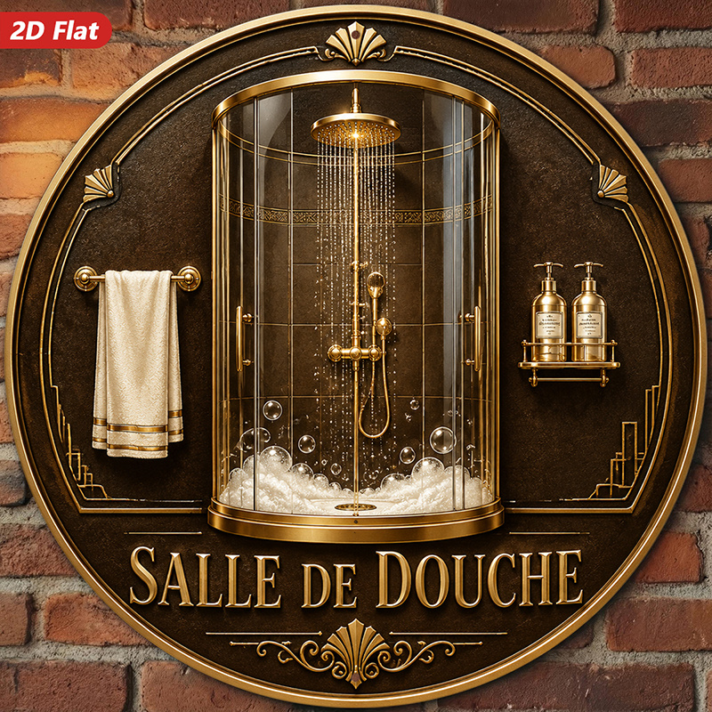 TEMU Panneau mural rond en métal 2D plat, 1 pièce, décoration d'intérieur ronde, illustration de scène de douche, style Art déco, français "Salle de