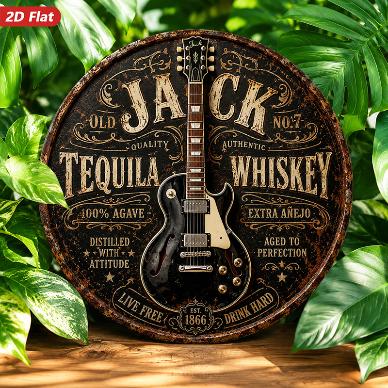 TEMU 2d Flat, 1pc Round Metal Sign Wall Art, Vintage Style, Guitar Pattern, Distressed Metal, Home Decor, For Bar, Pub, Man Cave, With "jack Tequila