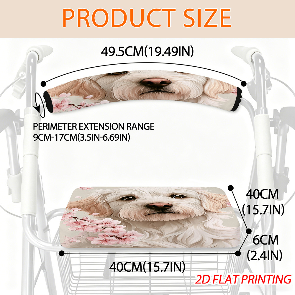 TEMU Removable Washable Dog With Pink Cherry Blossoms Print Walker Seat Back Cover, 1pc 2d Printed Rolling Walker Pad For Adults