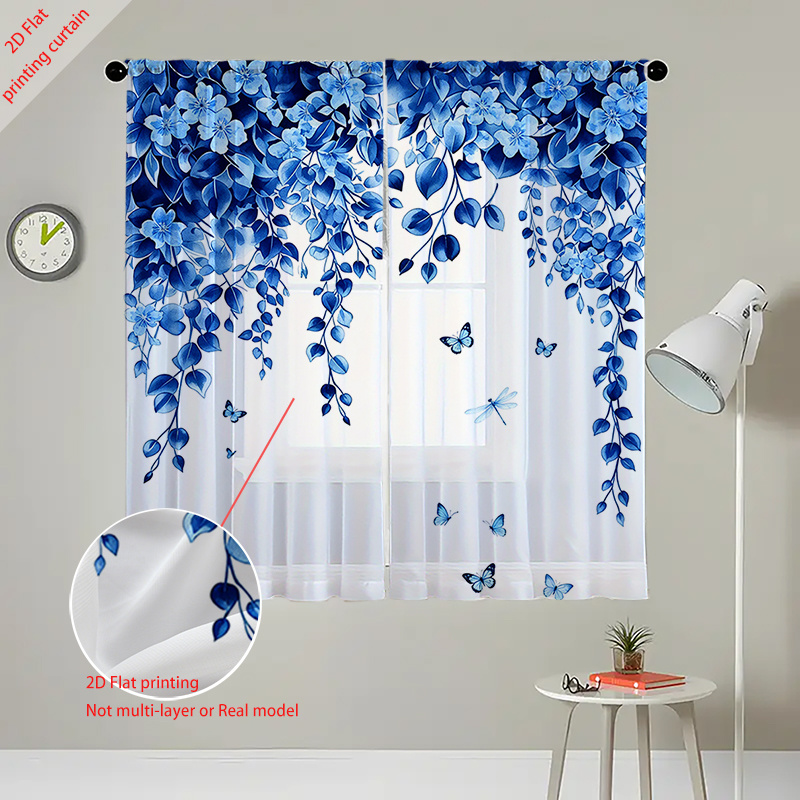 TEMU 2d Flat, 2d 2pcs Blue Floral Vine With And Dragonfly Decor Sheer Curtains, Simple Artistic Style Flowing Window , Suitable For Kitchen, Cafe,
