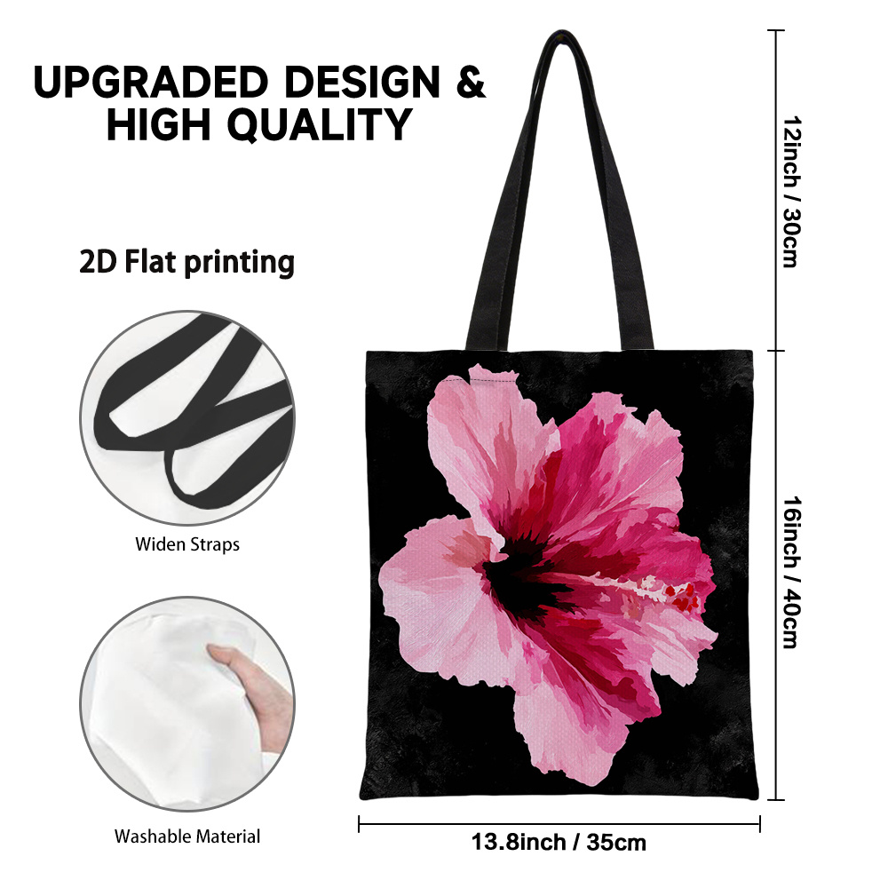 TEMU 1pc Pink Hibiscus Flower Tote Bag Suitable For Office, Shopping, & Holiday Events - Rectangular Bag With Hot Transfer Print, Elegant Pink For,