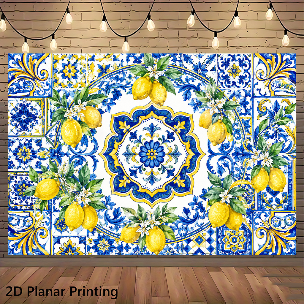 TEMU 2d Flat, 2d Flat - 2d Flat, 2d Flat - 2d Flat Banner 1pc, Blue Yellow Tiles With Lemon Pattern, Suitable For Living Rooms, Party Venues, 's