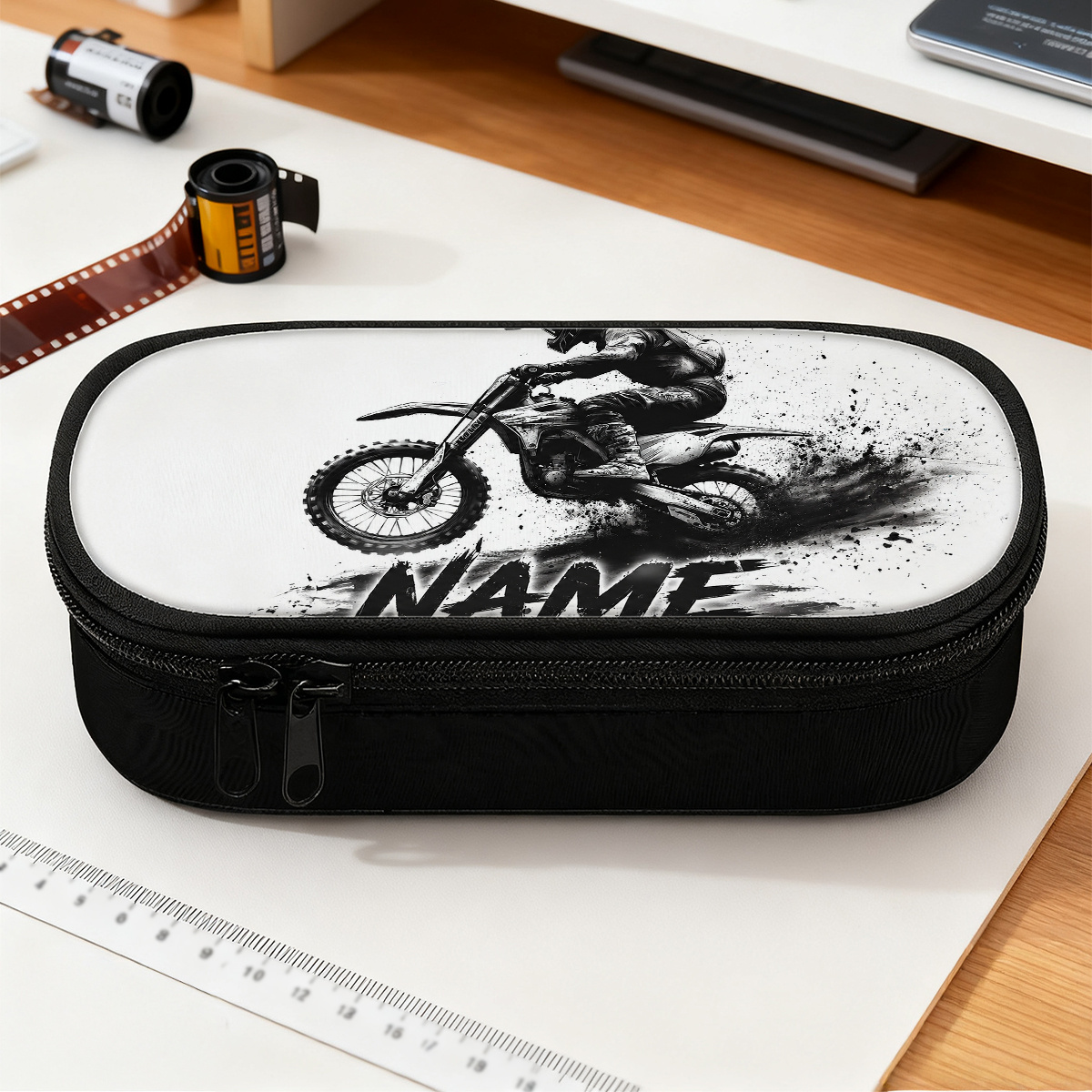 Prilagojena 1 kos motokros voznik 2D vzorec velika peresnica z zadrgo, modna personalizirana peresnica z imenom/besedilom po z veliko