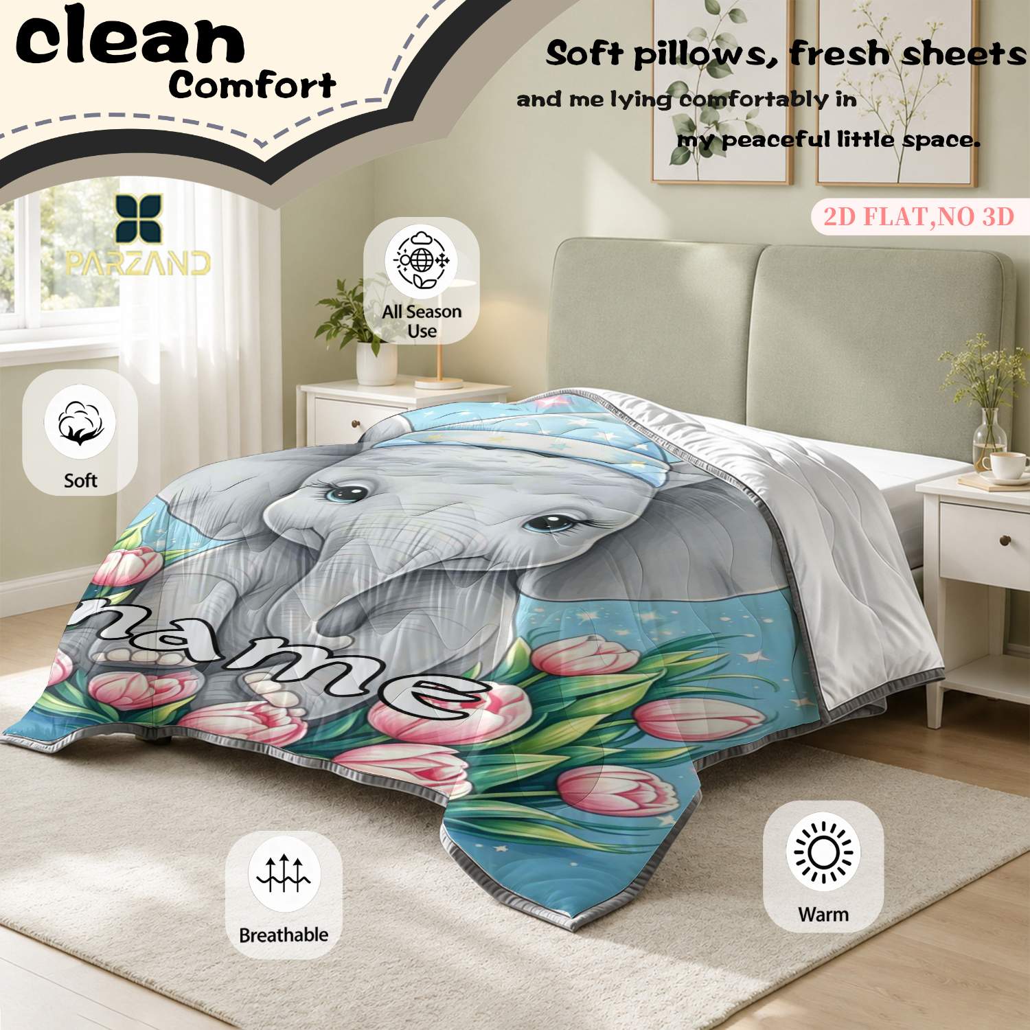 Custom Name Elephant with Tulips Skin-Friendly Summer Lightweight Quilt