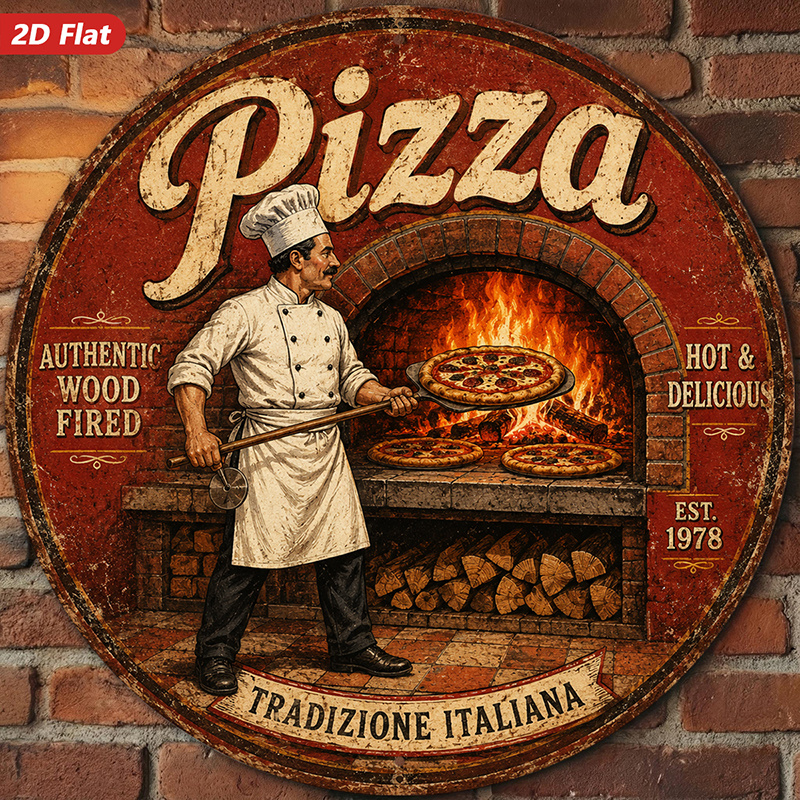 TEMU 2d Flat, 1pc Vintage Pizza Oven Round Metal Sign Wall Art, Home Decor, Suitable For Dining Room Study, Pizza Lettering, Oven, Chef With Pizza