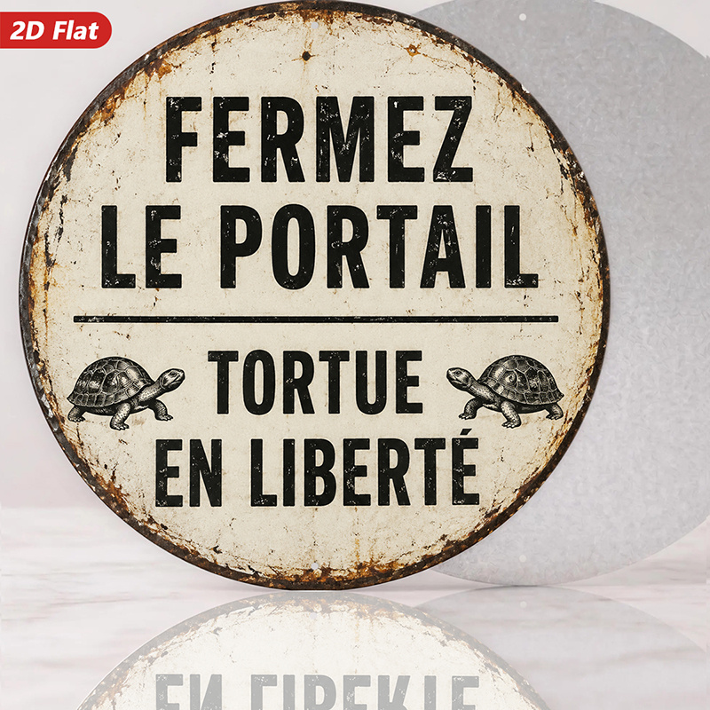 TEMU Panneau Métallique Rond 2D Plat, 1pc Tortue Française Humour, Art Mural, Décoration Intérieure, Idéal pour Coin de Bureau Chambre, Ferez ,