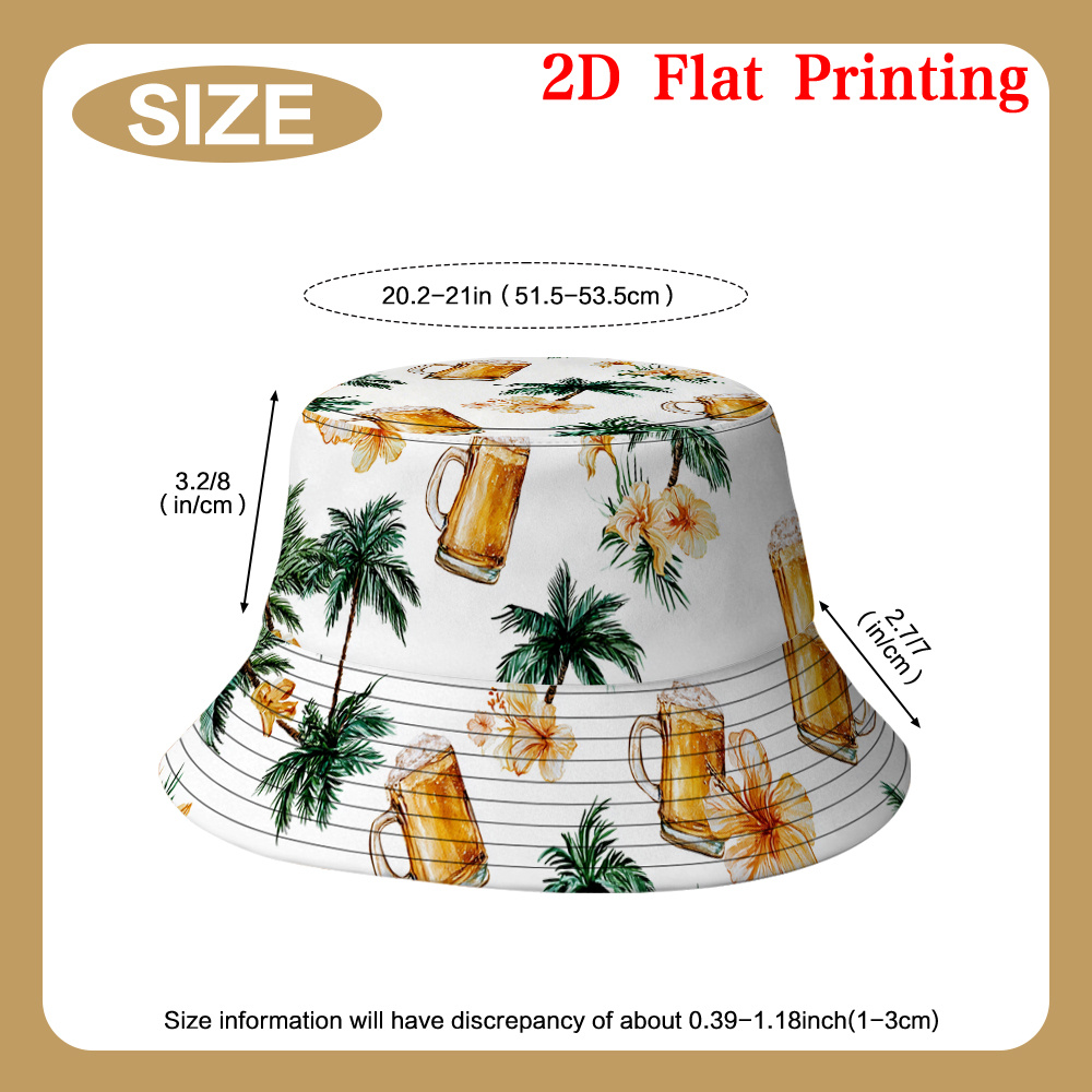 TEMU 2d Flat, 1pc Palm Trees And Beer Mugs Pattern Unisex Novelty Fisherman Hat -season Suitable For Foldable Bucket Hat Easy To Carry Anywhere, 2d