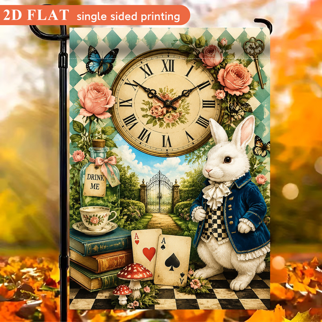 TEMU 2d Flat - 2d Flat Garden Flag 1pc, Wonderland Adventure, Polyester Material, Single-sided Printed Design, Ocean Theme, Summer Theme, Holiday