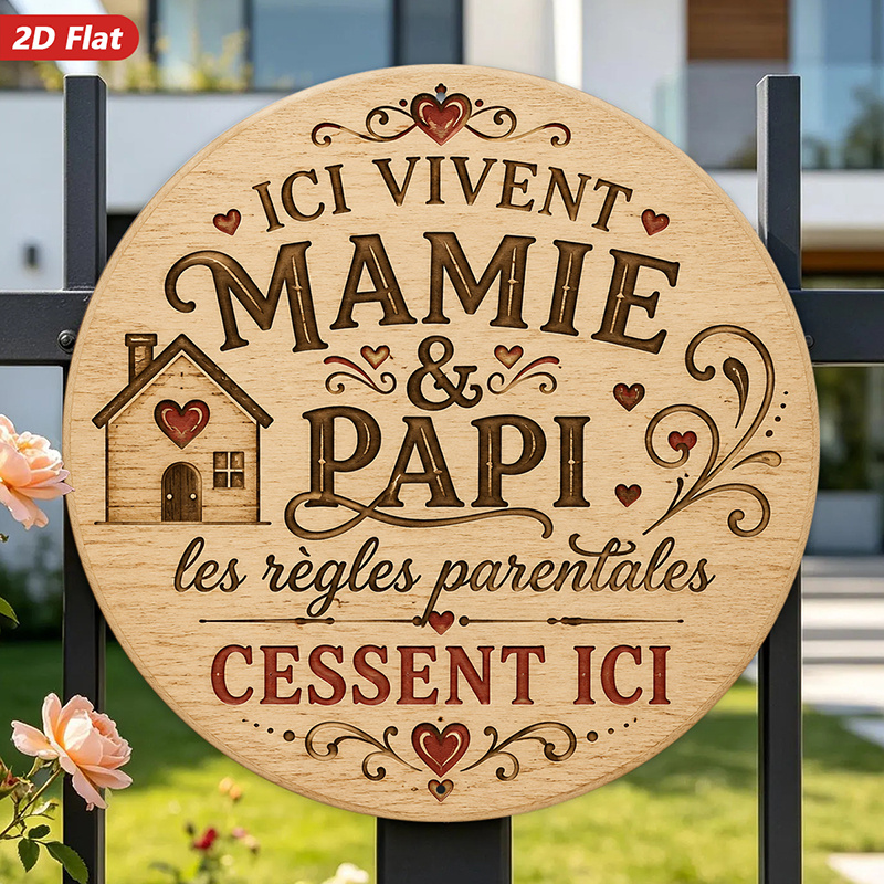 TEMU Plaque ronde en métal 2D plate, 1 pièce, pour grands-parents français, art mural, message Mamie Et , texture bois rustique, cœurs rouges,