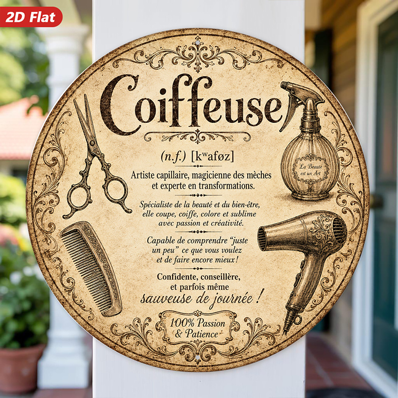 TEMU Plaque murale ronde en métal 1 pièce, art de coiffeuse vintage, 2D plat, française "Coiffeuse", ciseaux et peigne, pour cuisine, jardin, espace