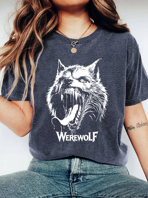 női nyári felsők | huhogó, fogazott varázsló werewolf dark retro horror line style nyomott mintás női póló | huhogó, fogazott varázsló werewolf dark retro horror line style bővérű, kerek nyakú rövid ujjú | 2026-os nyári retro hétköznapi elegáns