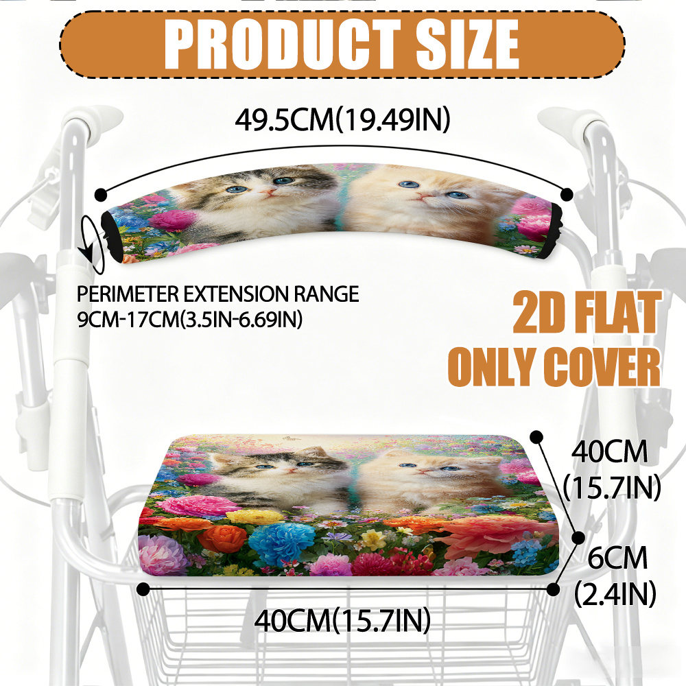 TEMU 2d Flat Printing Rollator Walker Seat And Backrest Covers 2 Kittens In Colorful Flower Garden, For For Covers Designer Fashion Additions -