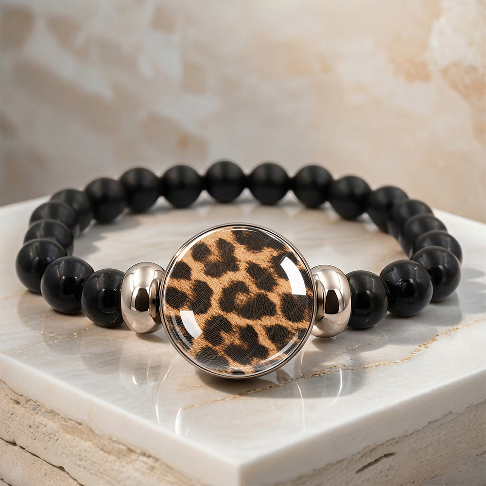 TEMU A Black Beaded Leopard Print Bracelet, A Low-key Accessory For Commuting And A Stylish Wrist Accessory.