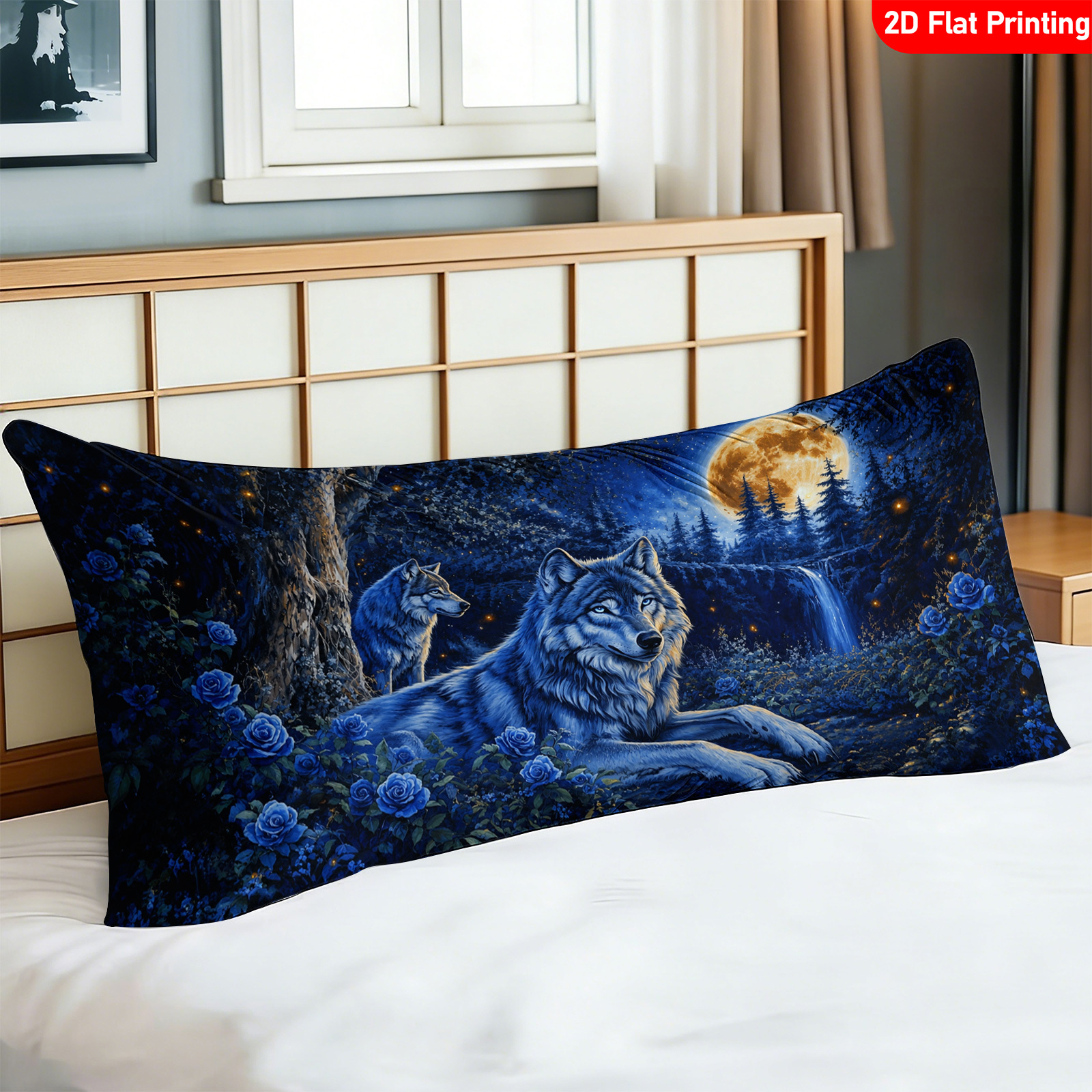 TEMU 1pc Blue Wolves 2d Flat Pattern Body Pillow Cover Body Pillowcase Long Pillowcase, Trendy Fashionable Long Bed Pillowcase, Soft Comfortable