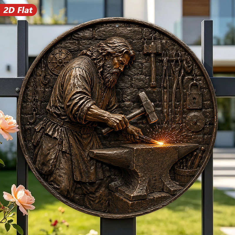 TEMU 2d Flat, 1pc Blacksmith Round Metal Sign Wall Art, Relief Blacksmith, Glowing Anvil , Perfect For Garden Living Room, Stone Workshop Tools, Home