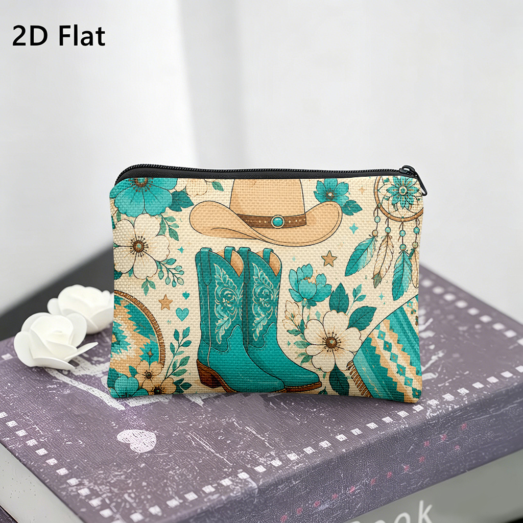 TEMU 1pc Women's Cowboy Western & Floral Zippered Coin Purse Clutch Wallet - Lightweight Suitable For Cash, Keys, Cards Holder, Machine Washable Gift
