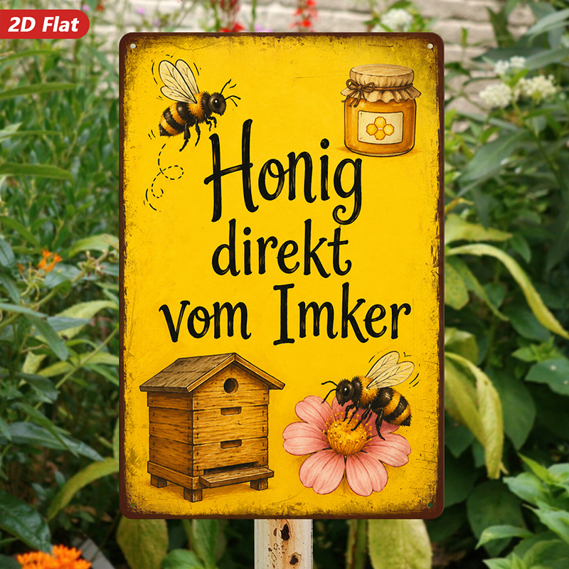 TEMU 2d Flat, 1pc Metal Sign Wall Art, Honey - Themed Home Decor, Bee And Hive Artwork, German Text "honig Direkt Vom ", Ideal For Kitchen, Living