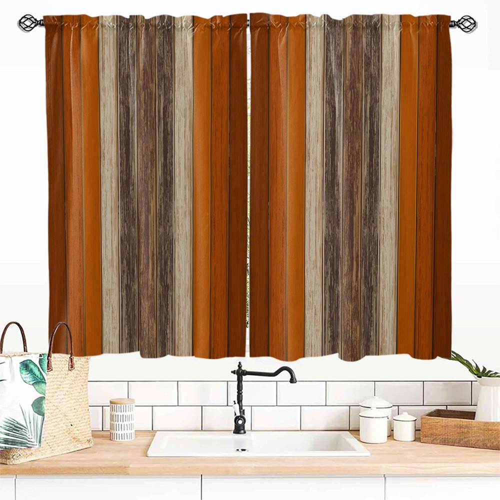TEMU 2pcs Kitchen Curtains, Wood Grain Striped Brown Vertical Modern Easy Pattern, Standard Short Curtains For Kitchen Windows, Suitable For Above