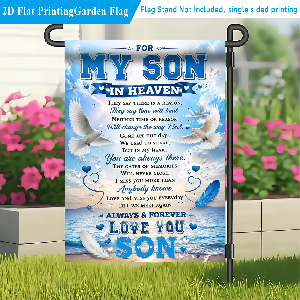 TEMU 2d Flat - 2d Flat Garden Flags 1pc, In Memory Of Son In Heaven, Polyester Single-sided Printed Decorative Flag, Outdoor Lawn And Patio Welcome