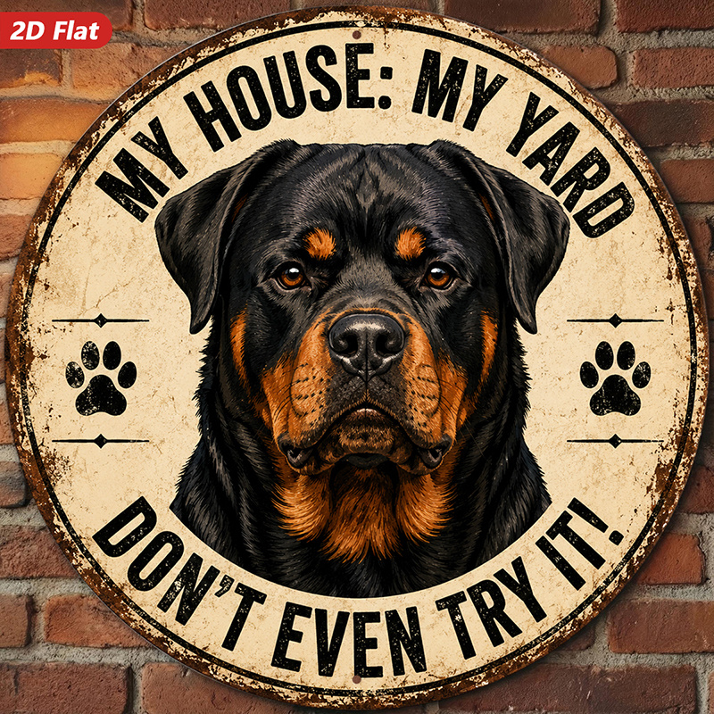 TEMU 2d Flat, 1pc Warning Round Metal Sign Wall Art, Perfect For Corner Living Room, Quote, Home Decor, Rottweiler Portrait, Black And Tan Fur,