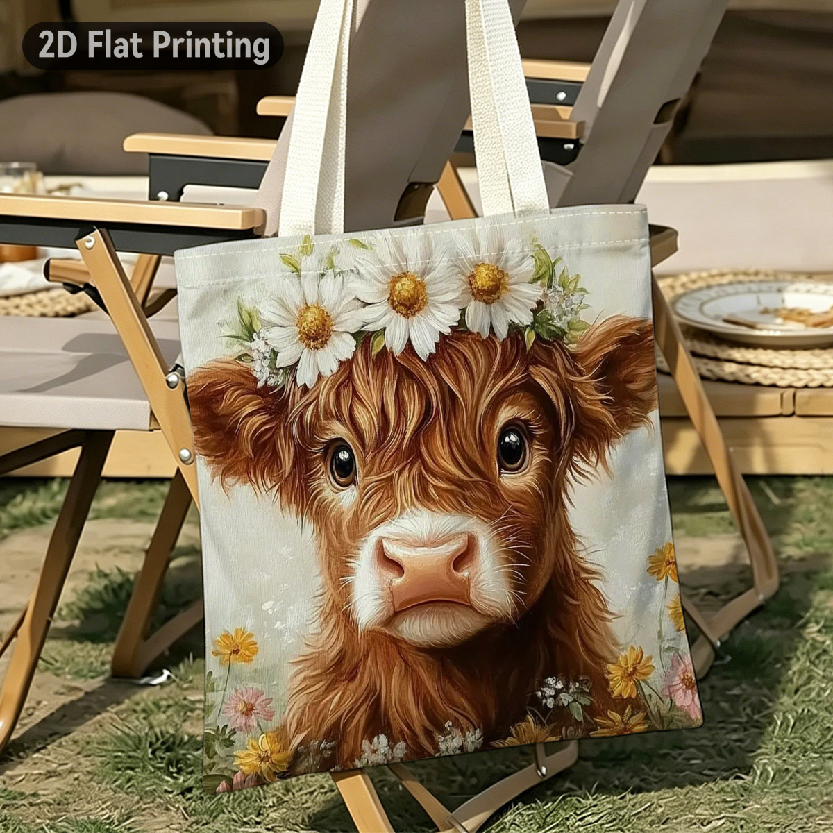 TEMU 1pc Highland Cow Tote Bag Suitable For Women's Shopping, Picnic & Commuting - Adorable Brown Cow & Floral Wreath Print Handbag, Durable Bag With