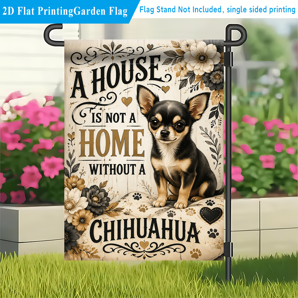 TEMU 2d Flat - 2d Flat Garden Flags 1pc, Warm With Chihuahua, Polyester Single-sided Printed Decorative Flag, Outdoor Lawn And Patio Welcome Flags,