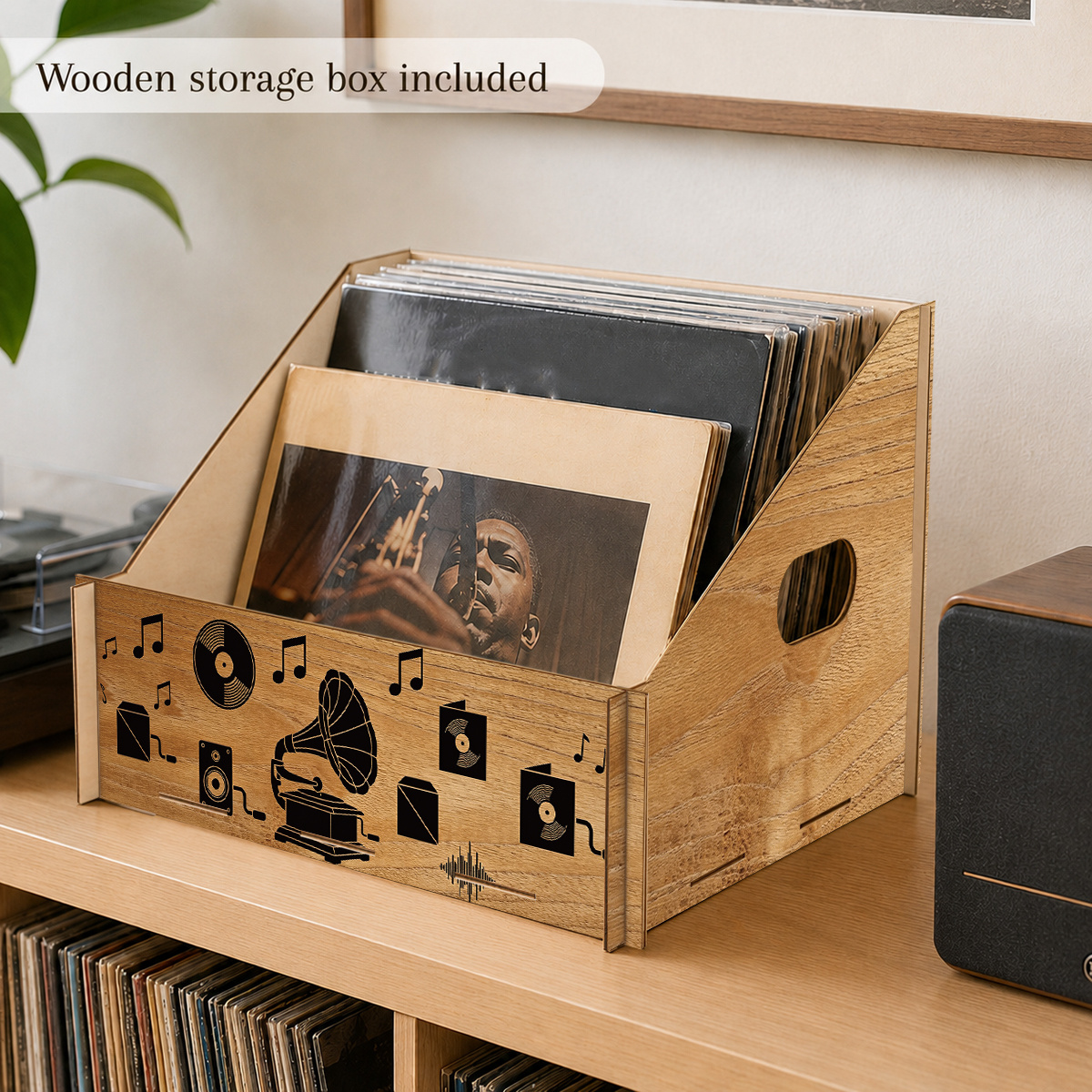 TEMU 1pc Wooden Decorative Box, Vintage Music Elements & Turntable Pattern, Classic And Durable Vinyl Record Organizer, Perfect For Collecting And