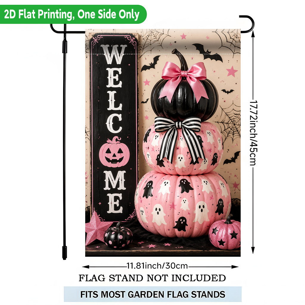 TEMU 2d Flat - 2d Flat Printing Garden Flag 1pc, Pink And Black Halloween Decor Single-sided Printing Polyester Garden Flag, For Outdoor Home,