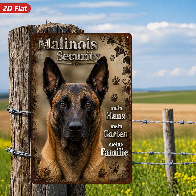 TEMU 2d Flat, 1pc Metal Sign Wall Art, Malinois Security Home Decor, Dog Portrait Art, German Text Elements, For Living Room, Study, Safe Rounded