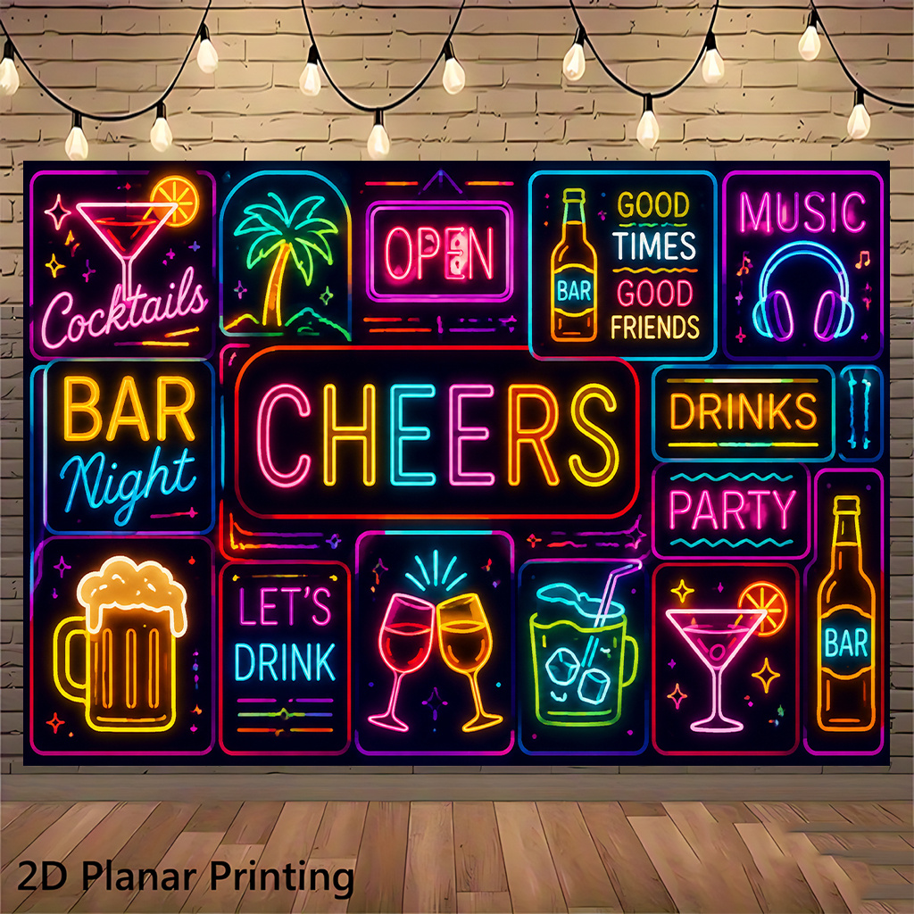 TEMU 2d Flat, 2d Flat Banner 1pc, Bar Night Neon Lights, Suitable For Living Rooms, Party Venues, 's Rooms, Yard Decorations, Used Backgrounds, No