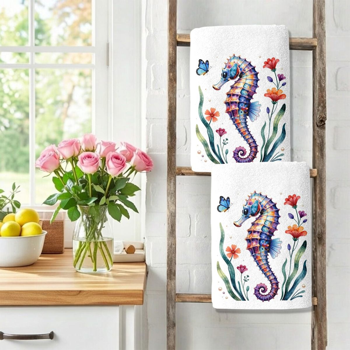 TEMU 2pcs Retro Seahorse & Themed Kitchen Towels Suitable For Dishwashing, Tea Cloths, Reusable Microfiber Dish Towels With , Suitable, Bathroom,