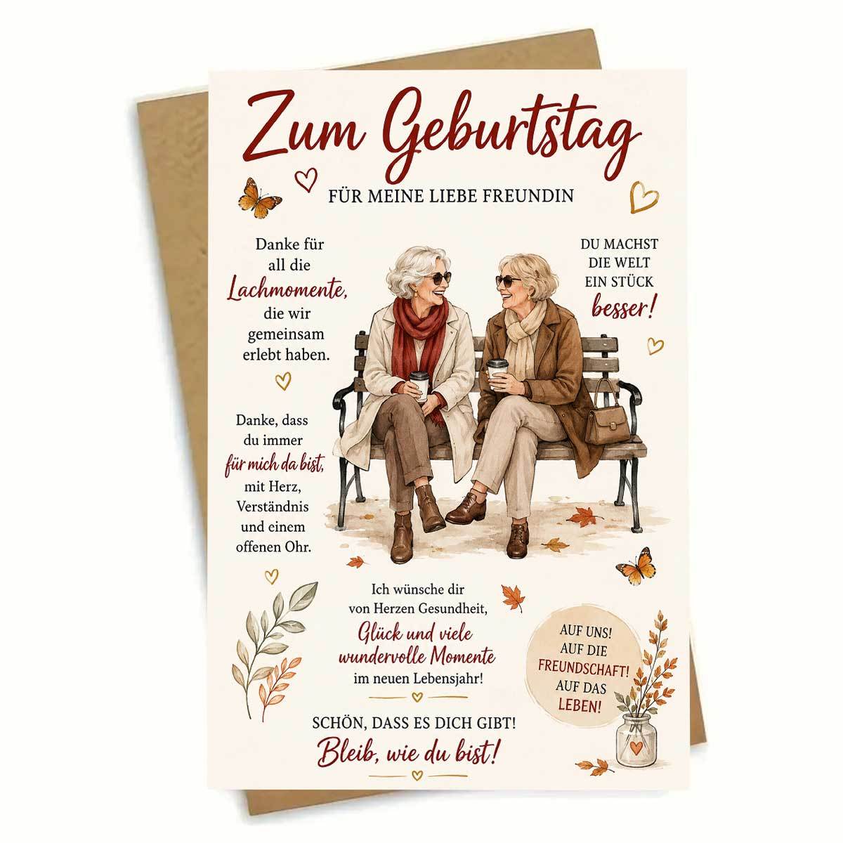 TEMU 1pc Birthday Card, Featuring 2 Elegant Ladies Sitting On A Bench Drinking Coffee And Chatting, Surrounded By Fallen Leaves And Butterflies.