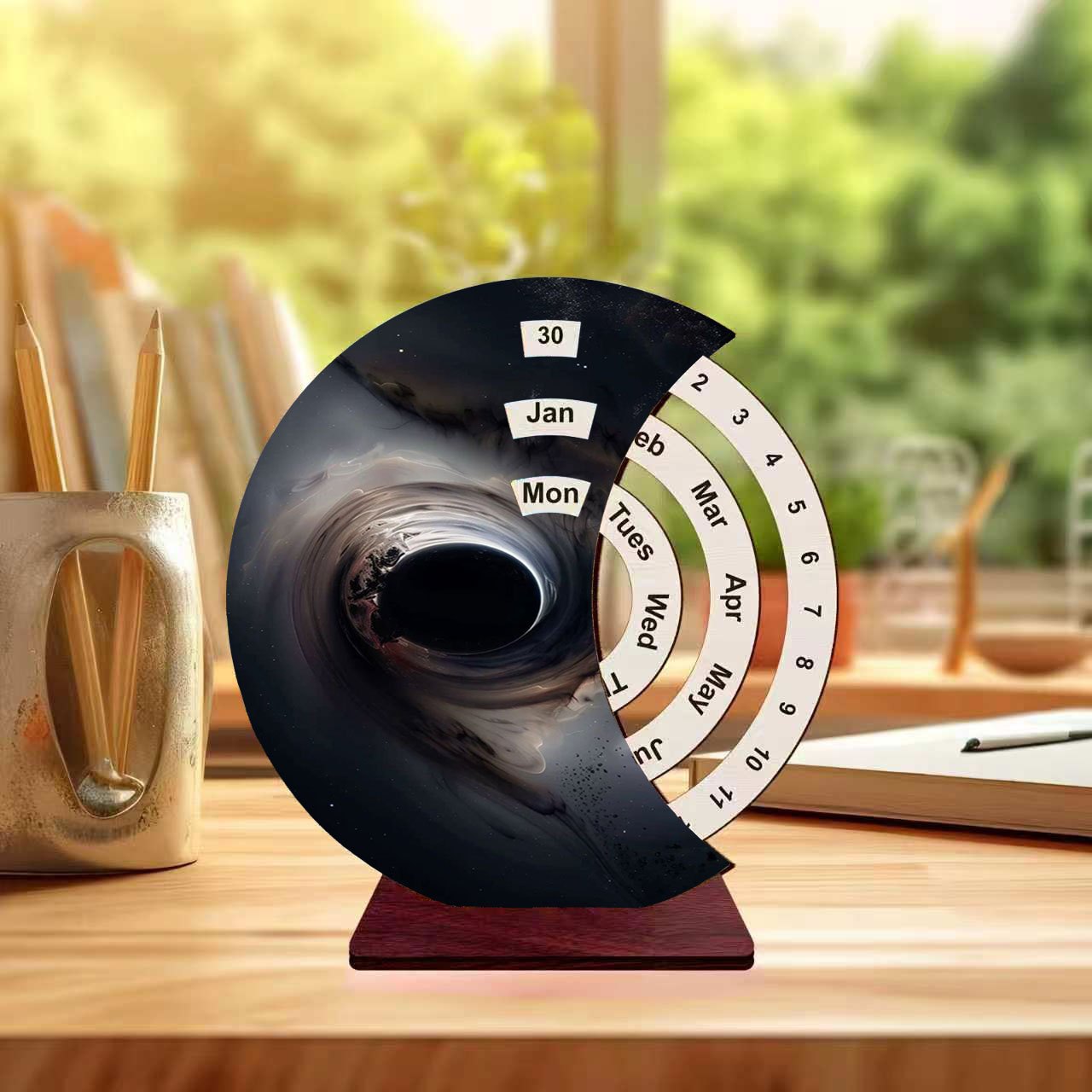 TEMU 1pc Flat Printed Wooden Manual Rotating Calendar With Hole Pattern, Desktop Calendar, Artistic Manual Rotating Desk Calendar, Simple And Stylish